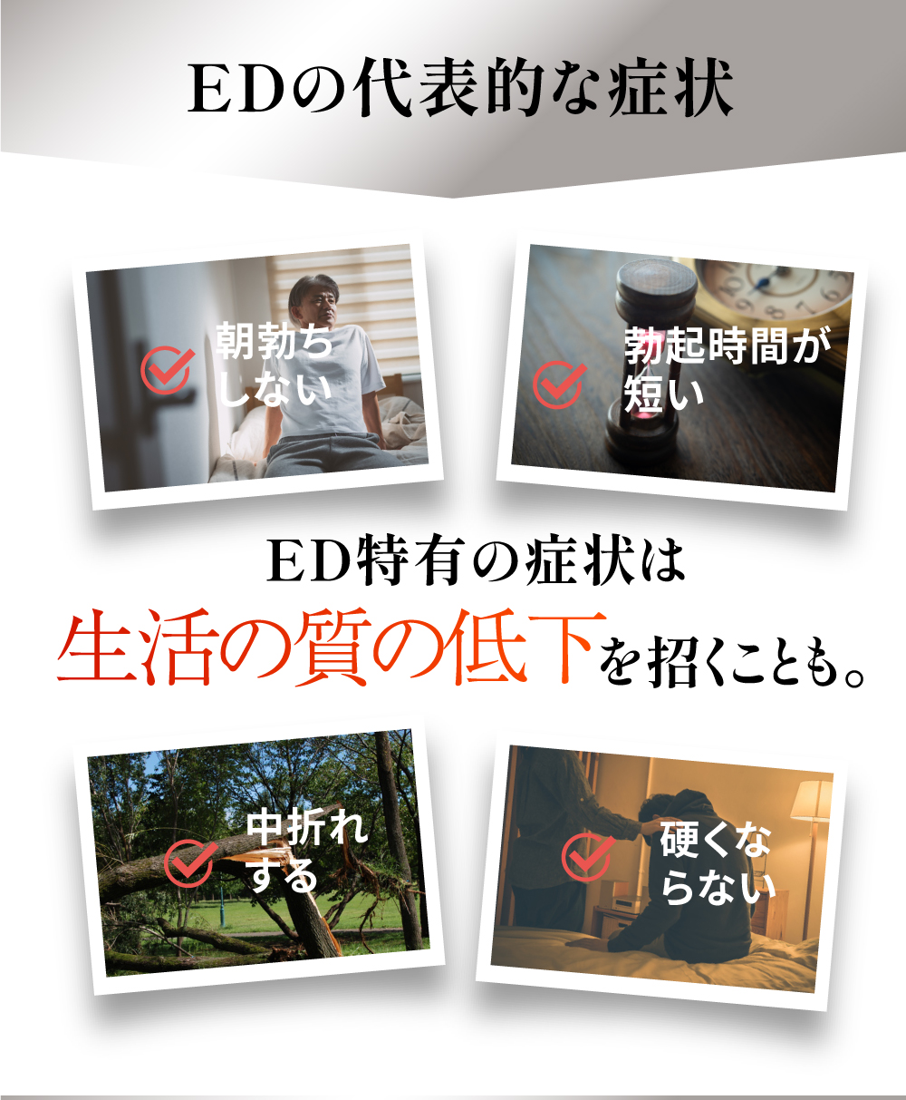 EDの代表的な症状(朝立ちしない、勃起時間が短い、中折れする、硬くならない)